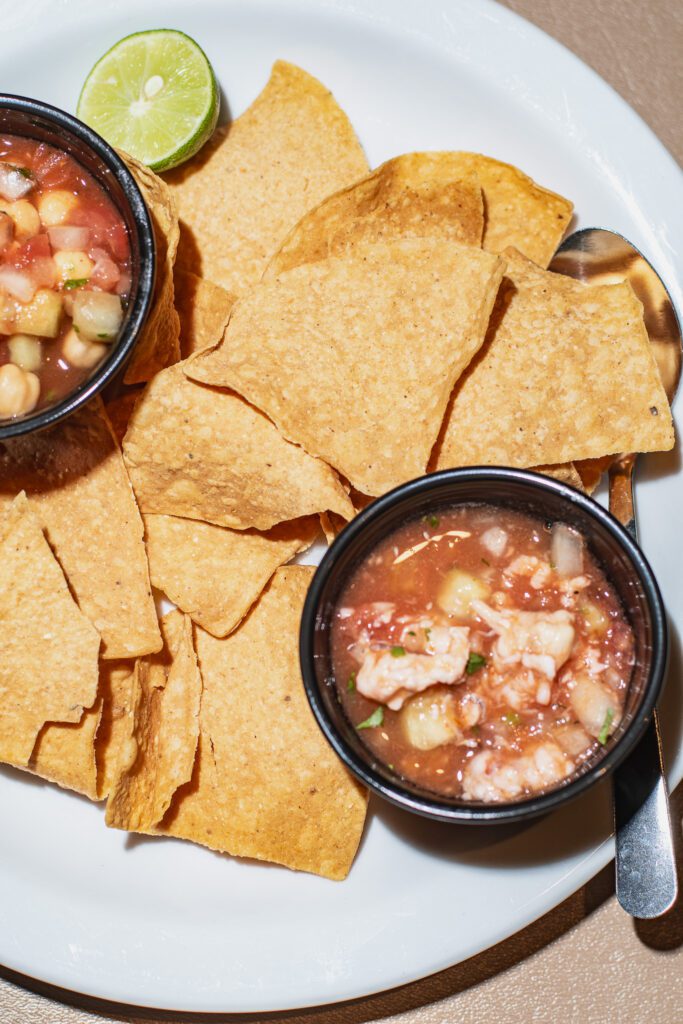 Chickpea ceviche and shrimp ceviche from a Tucson Foodie R&D dinner at Mariscos Chihuahua on Grande Avenue (Photo by Jackie Tran)