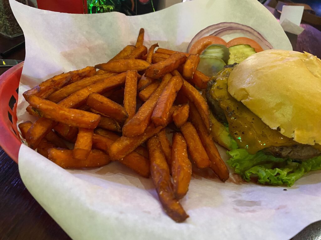 Classic burger and sweet potato fries at Shooter’s Steakhouse and Saloon (Photo by Rita Connelly)