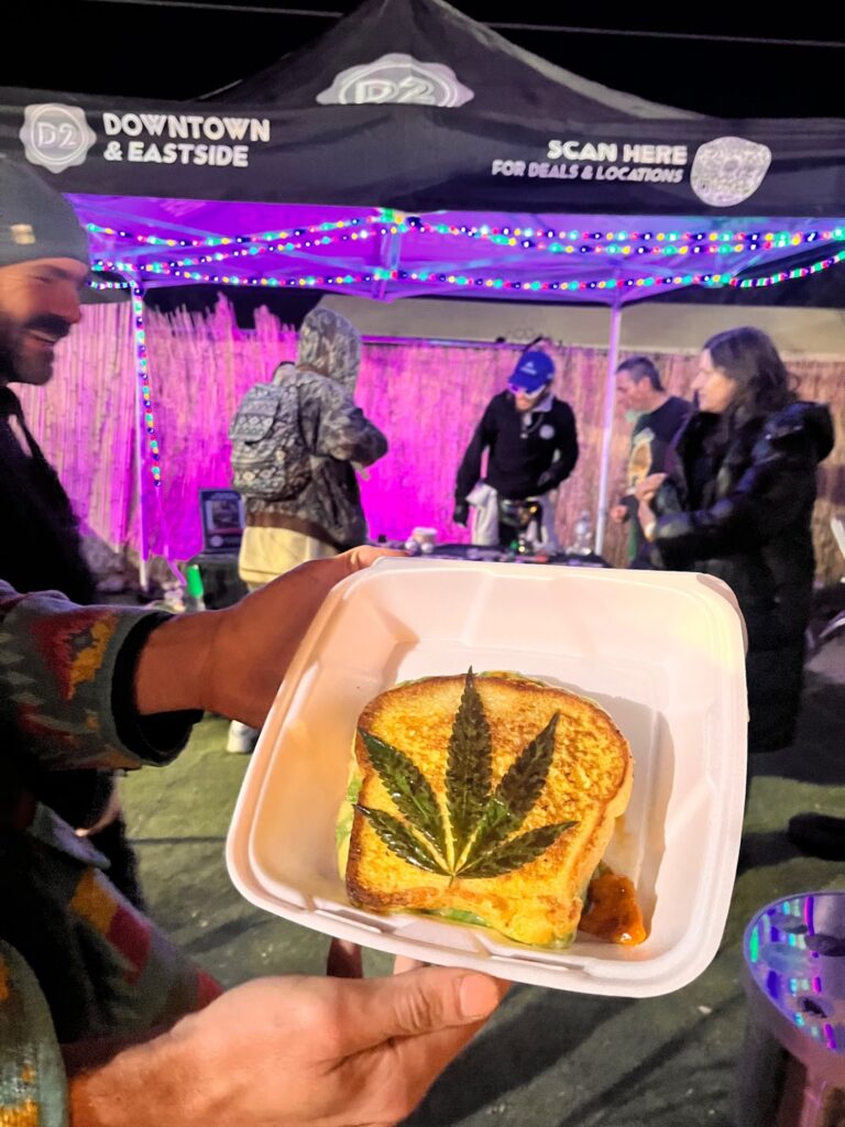 Grilled cheese sandwich with cannabis garnish (Photo by Chrissy Mance)