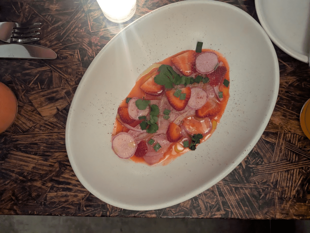 Hamachi aguachile with strawberry and habanero at Tito & Pep (Photo by Jackie Tran)
