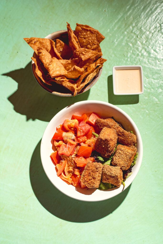 Tortilla chips and Chesapeake Bay Shallow Fried Salmon Squares (The Exonerated Five) at Chef Brian's Comfort Kitchen (Photo by Jackie Tran)